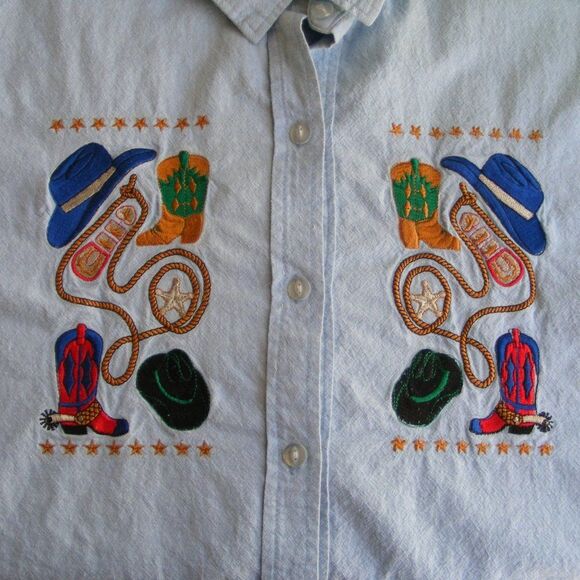 Chambray Top, L, Blue, Western Embroidery/Boots & Hats, Long sleeves, Buttons - Picture 2 of 14